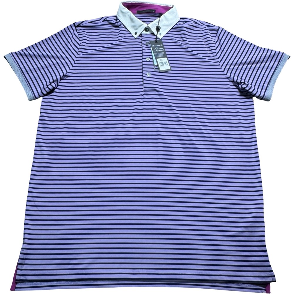Greyson Dakota Polo Mens L Toadflax Purple Navy Stripe Golf Shirt NWT